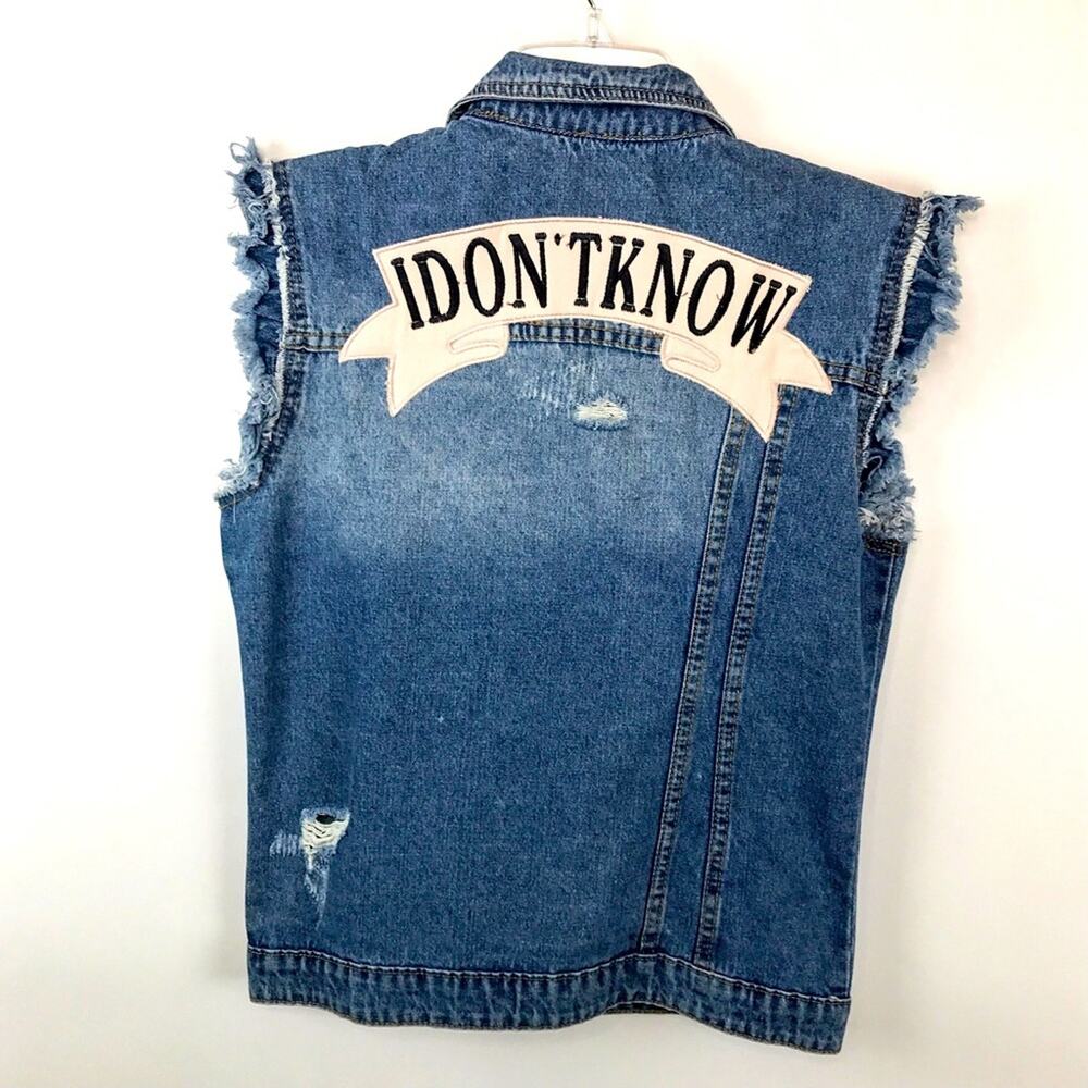Denim NWT Moto Vest "I Don't Know" Applique Distressed Frayed Balboa LA